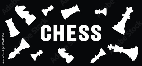 black and white chess word text lettering typography with chess pieces surrounded around it illustration, Vector illustration of Silhouette Chess Pieces Symbols sign  king, queen, rook, bishop, knight