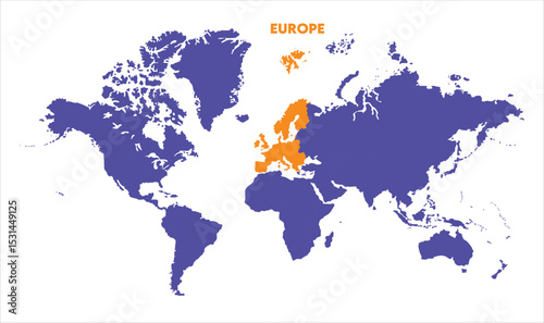 World map with Europe focus-03, Map of Europe, highlighted on the world map, Europe on the world map, Satellite view, Europe location on the globe.