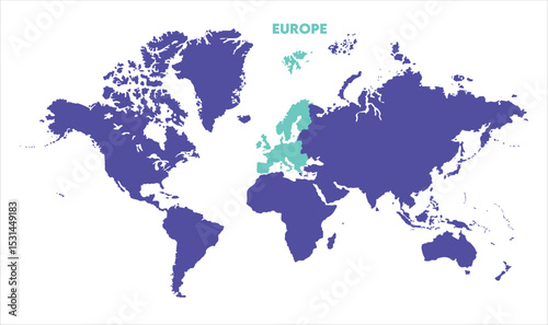 World map with Europe focus-04, Map of Europe, highlighted on the world map, Europe on the world map, Satellite view, Europe location on the globe.