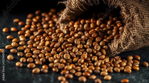 Vibrant golden brown coffee beans spilling from a torn burlap sack onto a dark surface
