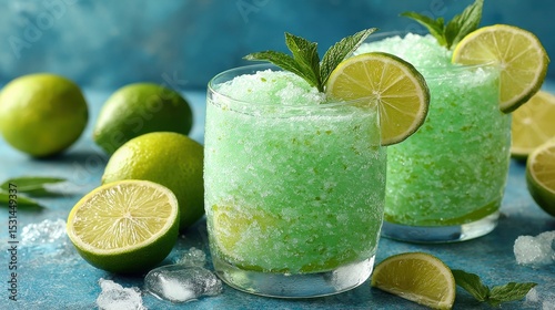 Two glasses filled with a bright green lime slush are garnished with mint leaves and lime slices. Fresh limes are scattered around on a blue surface, enhancing the vibrant scene.