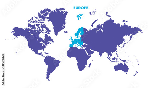 World map with Europe focus-11, Map of Europe, highlighted on the world map, Europe on the world map, Satellite view, Europe location on the globe.