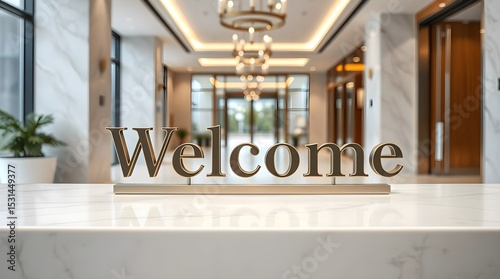 a welcome sign with a metallic finish and embossed lettering on front desk of a hotel or apartment