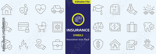 Insurance thin line icons set. Insurance editable stroke symbols collection. Life, car, house, care, money, pet insurance editable stroke icon. Vector illustration