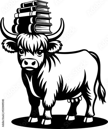 Highland Cow with Stack of Books