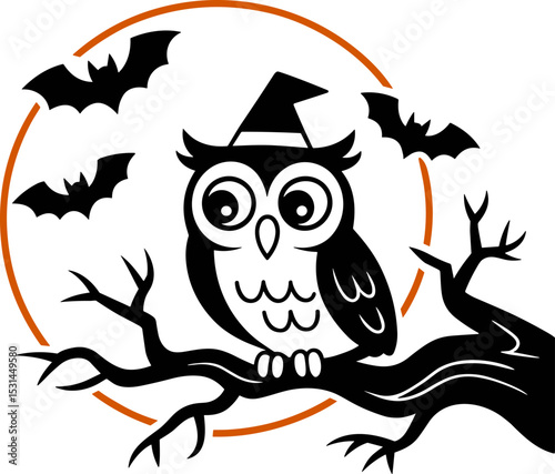 Owl in Witch Hat on Branch