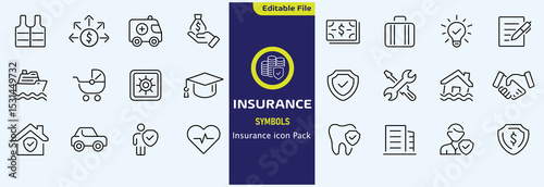 Insurance thin line icons set. Insurance editable stroke symbols collection. Life, car, house, care, money, pet insurance editable stroke icon. Vector illustration
