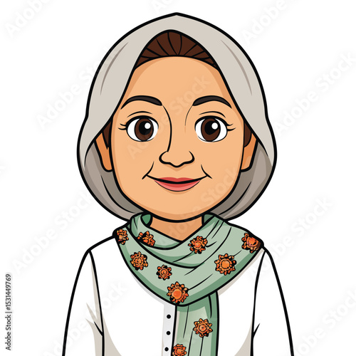 A Pakistani woman in her 60s, wearing a simple yet dignified dress, embodying grace and wisdom.