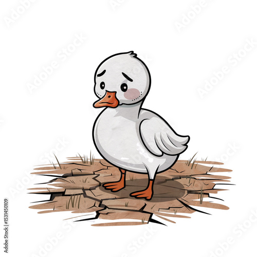 Vector illustration of a sad cartoon goose standing alone on dry, cracked ground. Emotional minimal drawing in clean style. Concept of animals abandoned due to war, disaster or climate crisis.