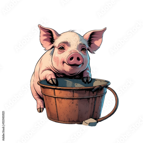 Illustration of a lonely piglet standing next to an empty bucket among ruins. The background shows broken walls and debris. Emotional image symbolizing abandoned farm animals after war or disaster.