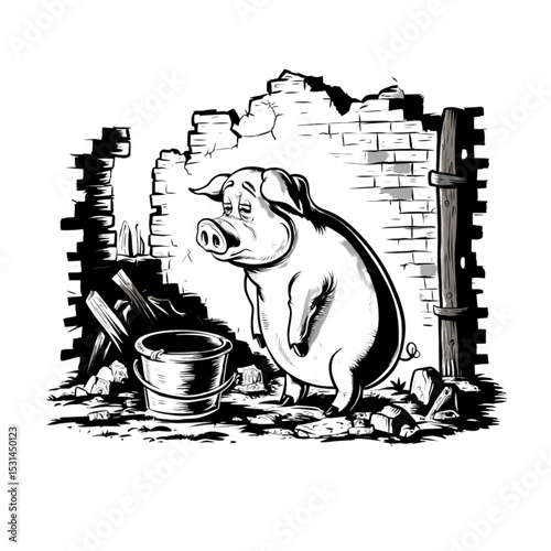 Illustration of a lonely piglet standing next to an empty bucket among ruins. The background shows broken walls and debris. Emotional image symbolizing abandoned farm animals after war or disaster.