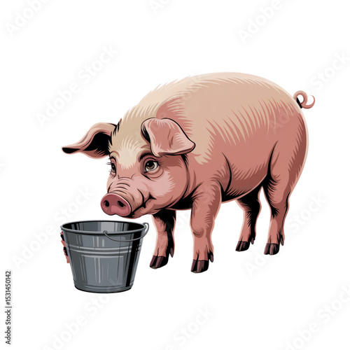 Illustration of a lonely piglet standing next to an empty bucket among ruins. The background shows broken walls and debris. Emotional image symbolizing abandoned farm animals after war or disaster.