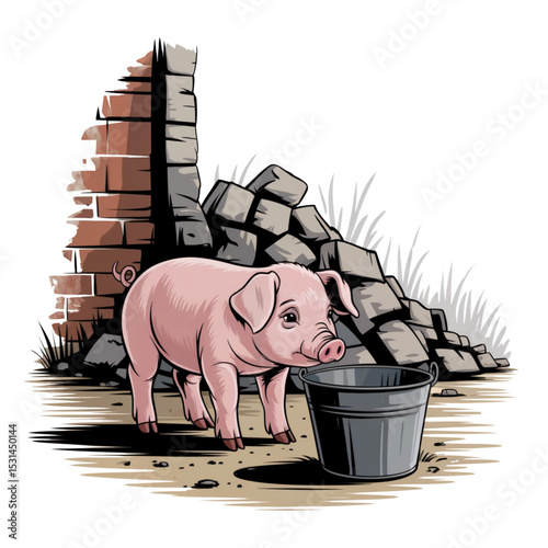 Illustration of a lonely piglet standing next to an empty bucket among ruins. The background shows broken walls and debris. Emotional image symbolizing abandoned farm animals after war or disaster.