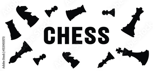 black and white chess word text lettering typography with chess pieces surrounded around it illustration, Vector illustration of Silhouette Chess Pieces Symbols sign  king, queen, rook, bishop, knight