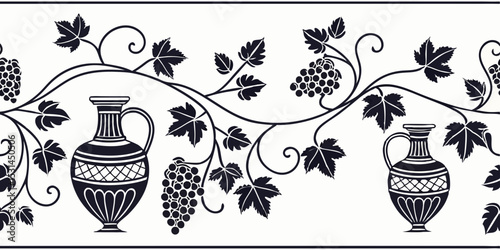 Seamless vector border design featuring ancient amphorae and grape vines  