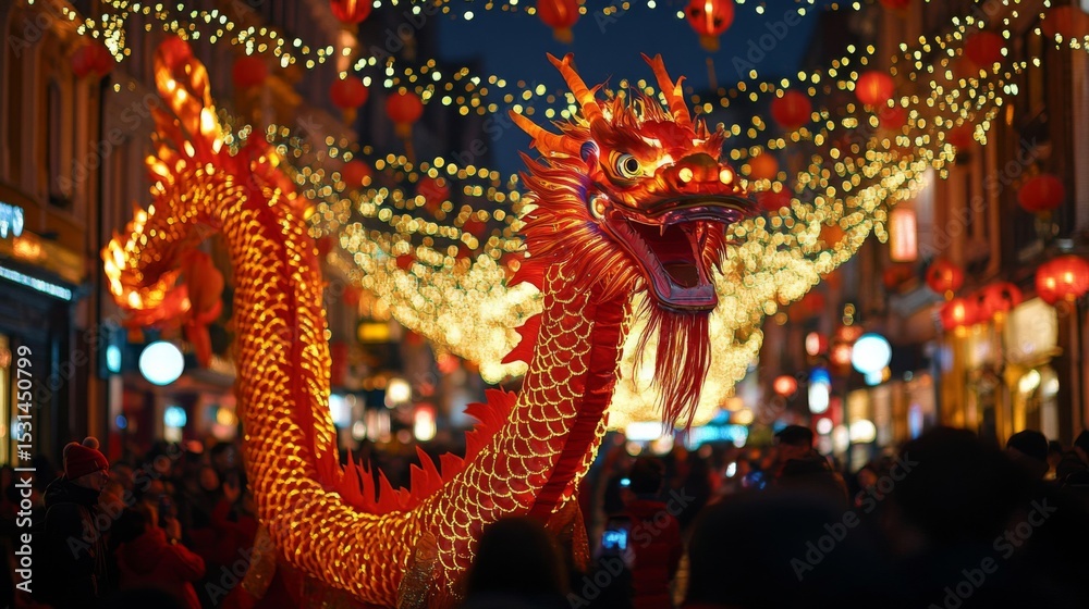 Fototapeta premium Vibrant Red Dragon Dances Through City Street Under Glowing Lanterns At Night