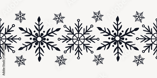 Seamless linear snowflake vector border pattern for packaging and postcard design  