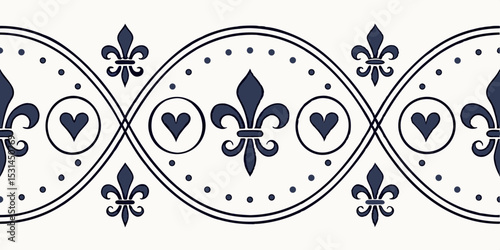 Seamless pattern with alternating hearts and fleur-de-lis design, vector seamless border, packaging and postcard design  
