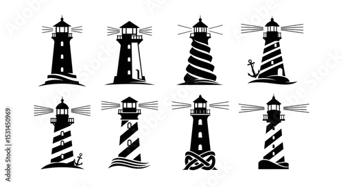 Lighthouse Collection: A collection of eight monochrome lighthouse illustrations, showcasing diverse designs that capture the essence of nautical navigation and coastal allure.