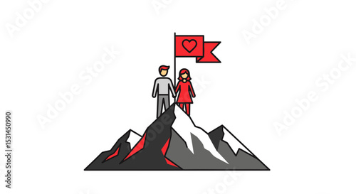 Couple on Mountain Peak: A couple, hand in hand, stands atop a majestic mountain, their achievement marked by a flag. This vector art portrays the triumph of love and the pursuit of shared goals.
