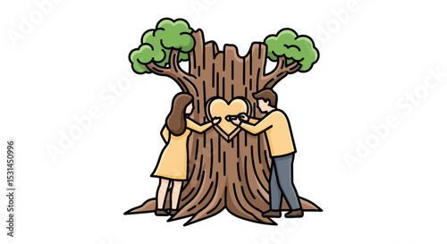 Eternal Bond: A couple etches their love on a heart-shaped carving in a robust tree, symbolizing enduring affection and the intertwined roots of their connection. 