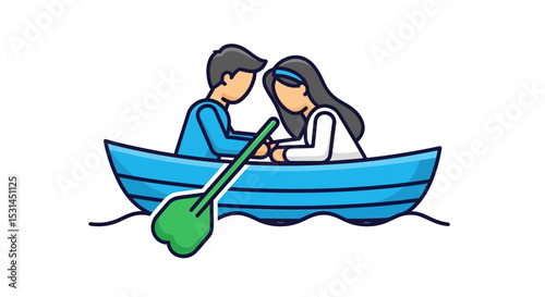Rowing in Unity: A couple embarks on a scenic journey in a classic rowboat. Depicting love and harmony, surrounded by calming waters, expressing peace and connection.