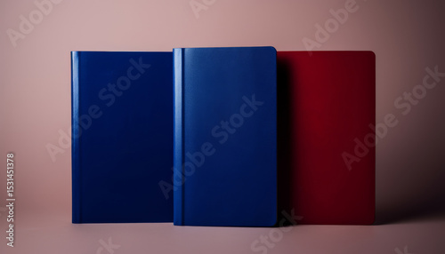 Colorful notebooks arranged on a soft pink background offer a vibrant and organized workspace aesthetic for creative projects
