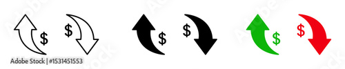 Price trend icons with up and down arrows and dollar symbols representing price increase, decrease, currency movement, and market shifts.