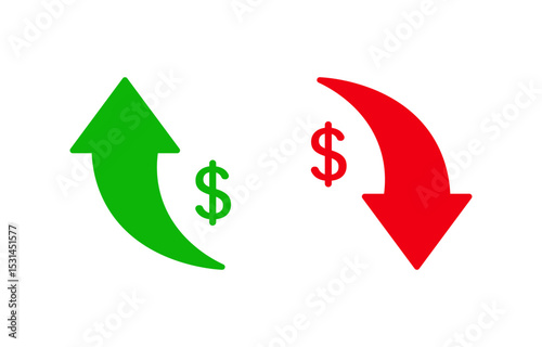 Price trend icons with up and down arrows and dollar symbols representing price increase, decrease, currency movement, and market shifts.