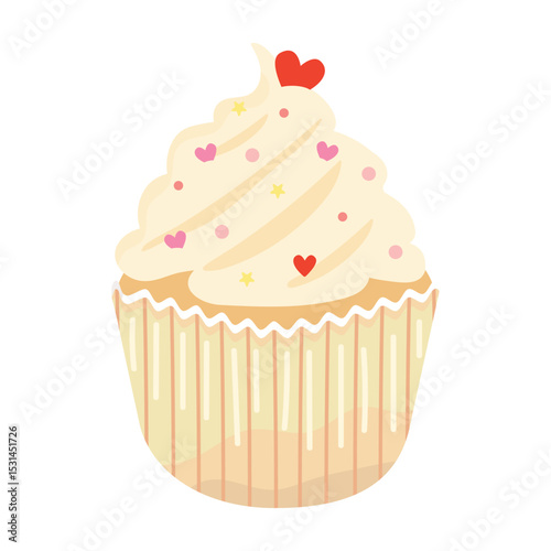 A vanilla cupcake with hearts and sprinkles. 