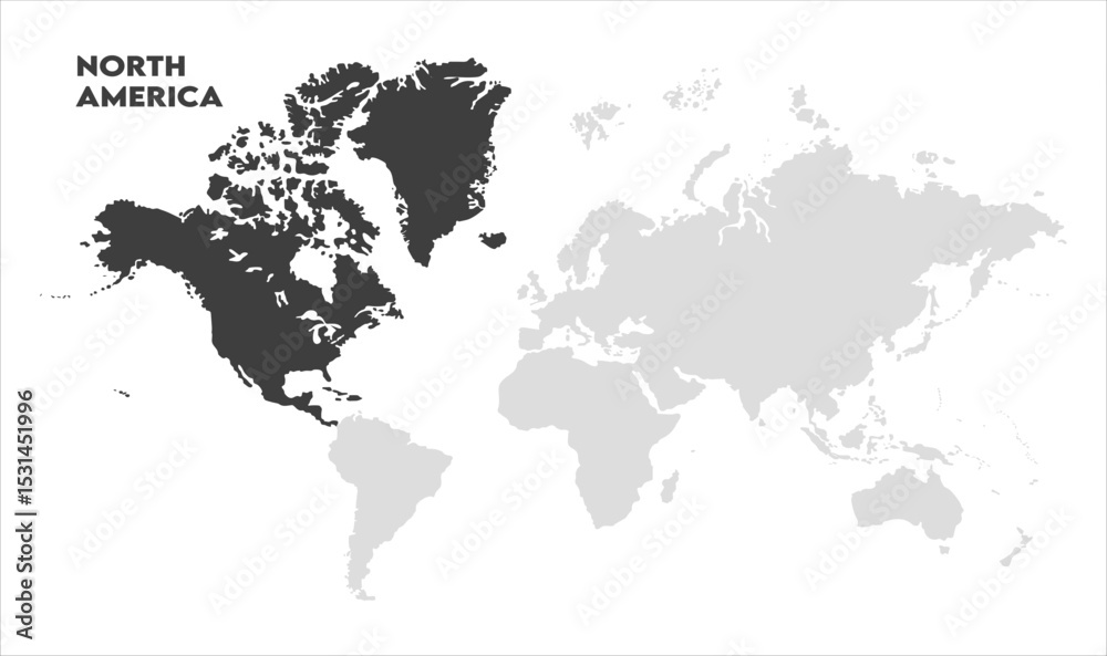 Naklejka premium North America highlighted on world map-01, Map of North America, highlighted on the world map, North America on the world map, Satellite view, North America's location on the globe.