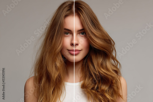 Hair transformation: comparing one side with frizz against the opposite, smooth side after a revitalizing treatment.