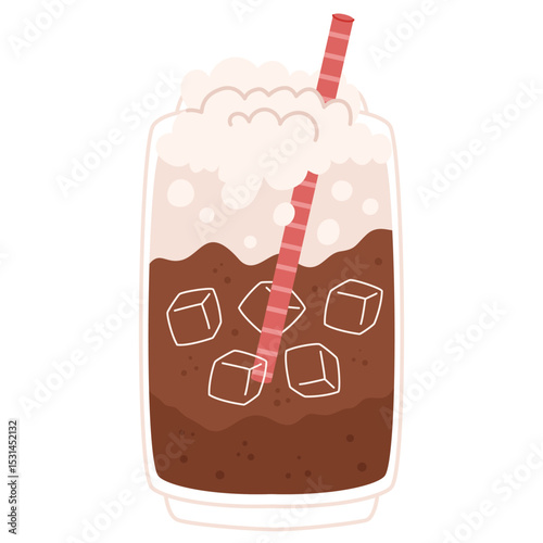 Classic iced cola with whipped cream foam and red straw in transparent glass