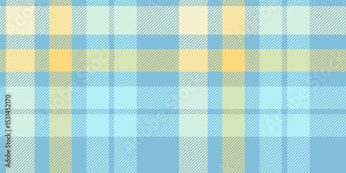 Seamless blue and yellow plaid pattern with diagonal stripes. Geometric checkered design for fabric, wallpaper, or digital backgrounds. Vector repeatable textile texture