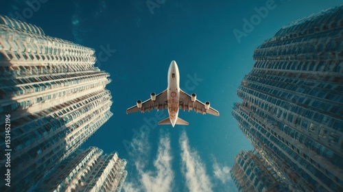 An airplane soars between tall skyscrapers in a bustling city, with a bright blue sky overhead. The scene captures the excitement of urban travel and architectural marvels.