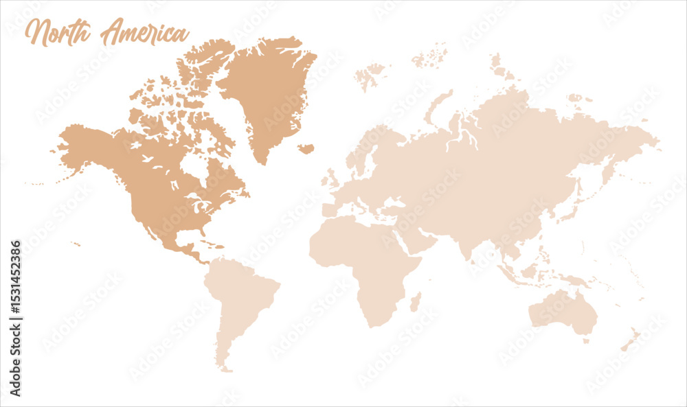 Obraz premium North America in world map-04, Map of North America, highlighted on the world map, North America on the world map, Satellite view, North America's location on the globe.