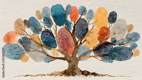 A watercolor illustration of a unique family tree, where the branches and roots are formed by fingerprints. The tree is leafless, symbolizing the family’s lineage and connections
