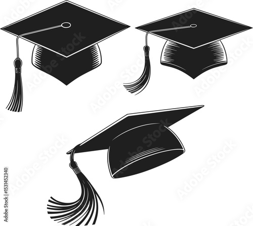 Academic Graduation Cap Silhouettes with Tassels, Symbolizing Education, Achievement, Success, and Completion for Various Scholastic Milestones