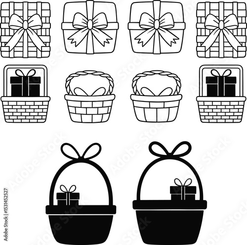 Collection of Gift Boxes and Baskets Outlines and Silhouettes: Presents, Gifting, Holidays, and Celebrations for Design and Iconography