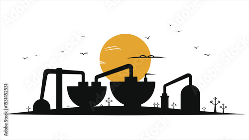 ( Recycling Plants)Silhouette Illustration of an Industrial Plant at Sunrise/A minimalist, stylized illustration showcasing a silhouette of an industrial plant against a sunrise backdrop.