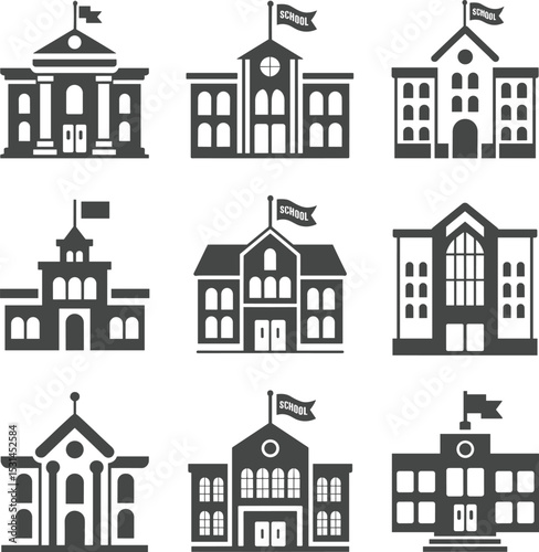Collection of School Building Silhouettes Showcasing Various Architectural Styles for Education, Learning, and Academic Institution Designs