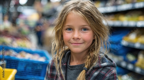 In a lively grocery store, a young girl with long, wavy hair stands smiling at the camera. She is surrounded by shelves filled with products, showcasing a vibrant shopping atmosphere.