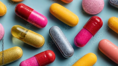 Various shapes and colors of capsules and tablets spread out on a light blue surface, highlighting the diversity in modern medicine and supplements.