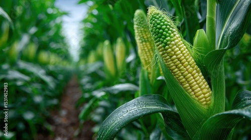 Vibrant corn plants thrive in a field under a clear sky. The green stalks support developing ears that display fresh kernels. It is mid-summer with ideal growth conditions.