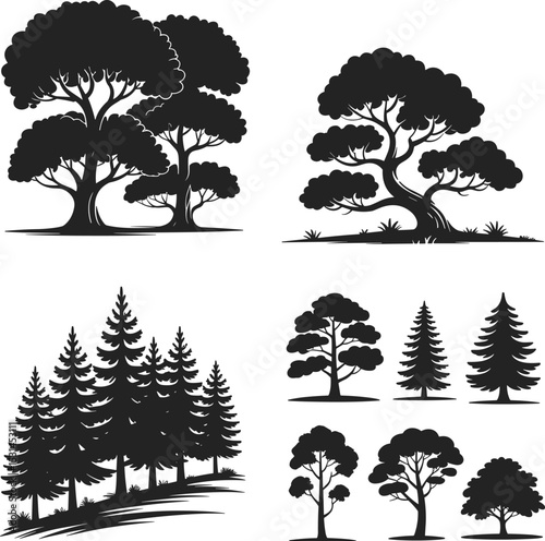 Diverse Tree Silhouettes Collection: Coniferous Pine and Broadleaf Deciduous Trees for Nature, Forest, Landscape, and Outdoor Graphics