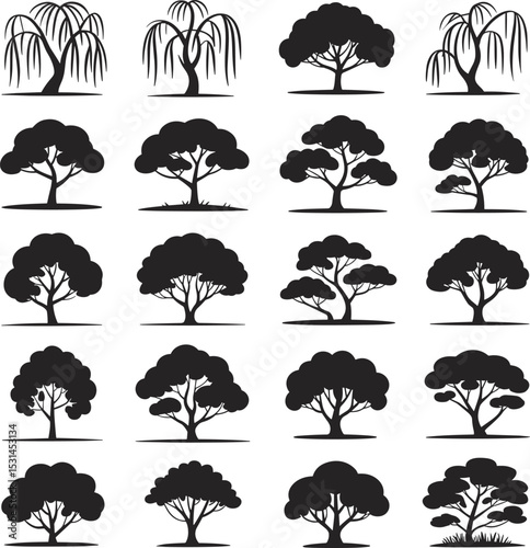 Diverse Tree Silhouettes Collection, Featuring Various Shapes and Species for Nature, Landscape, Environment, and Outdoor Design Elements