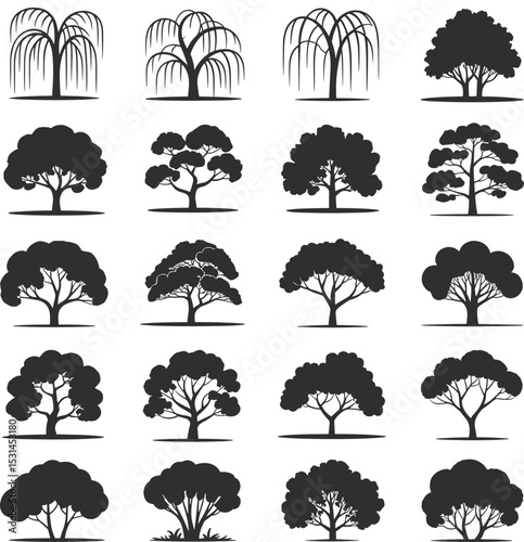 Diverse Tree Silhouettes Collection, Featuring Various Shapes and Species for Nature, Landscape, Environment, and Outdoor Design Elements