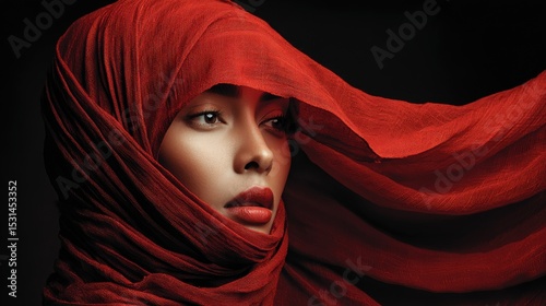 The woman displays elegance in a bright red hijab, the fabric flowing gracefully around her.
