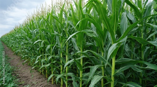 Rows of tall corn plants rise against a cloudy sky, showcasing lush green leaves. The agricultural field thrives in summer, illustrating a vibrant farming landscape.