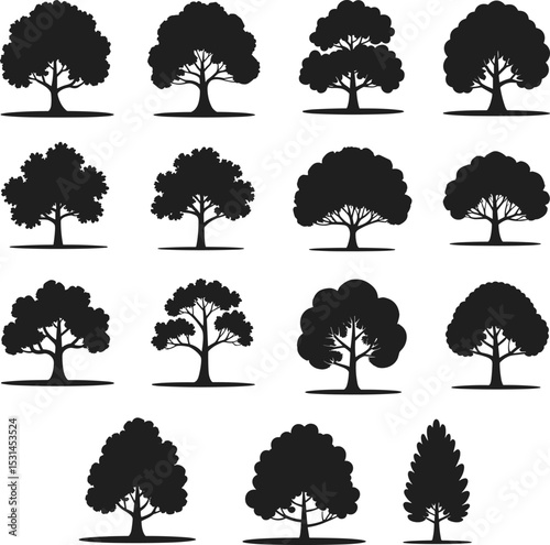 Extensive Deciduous Tree Silhouettes Collection: Varied Broadleaf Tree Designs for Nature, Forest, Park, and Landscape Graphic Elements